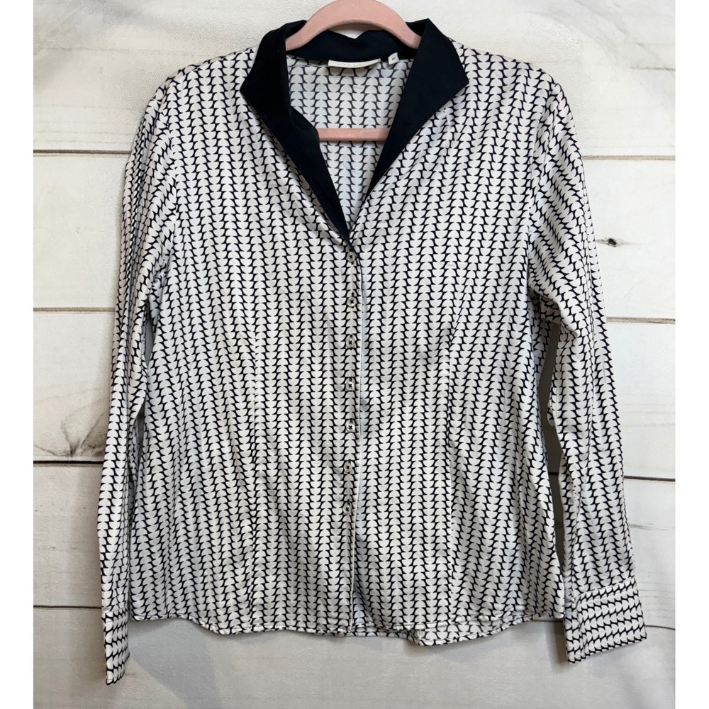 Eterna Womens Geometric Print Button Down Shirt Black White‎ Cotton Blouse 42/L